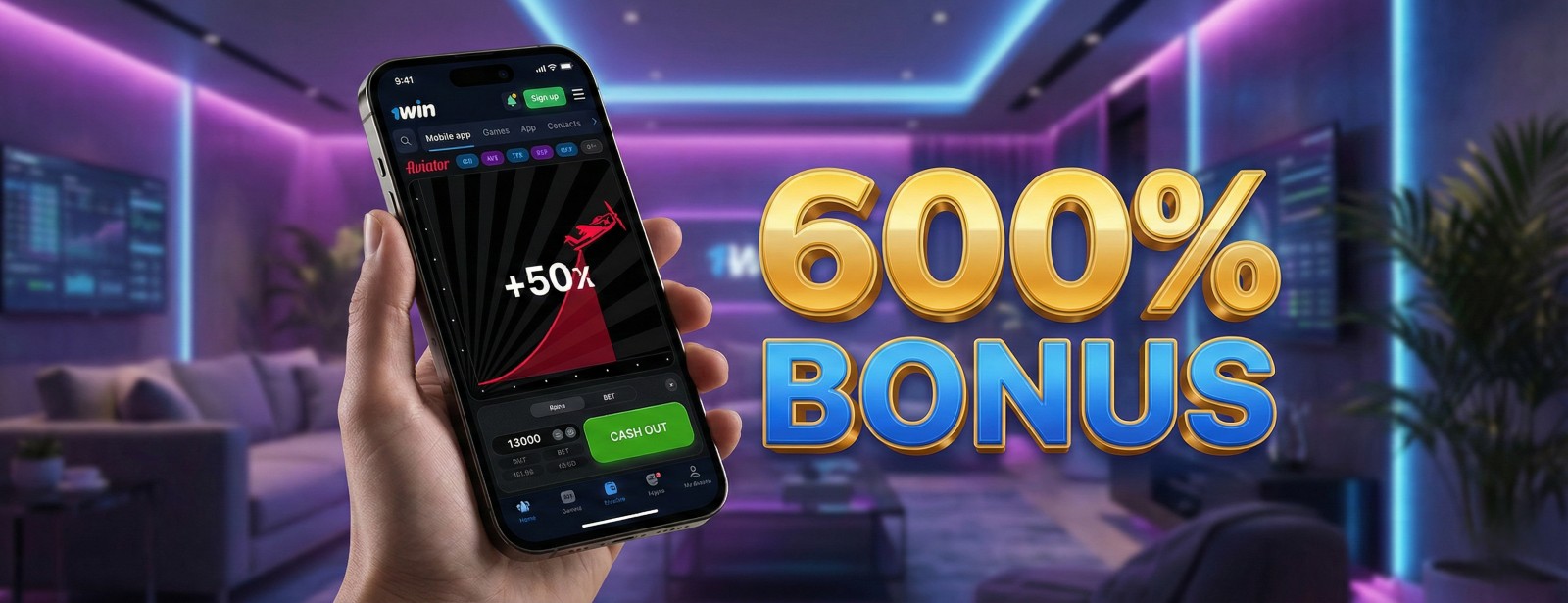 Smartfon z aplikacją 1win wyświetlający grę Aviator oraz duży napis informujący o bonusie 600% dla graczy