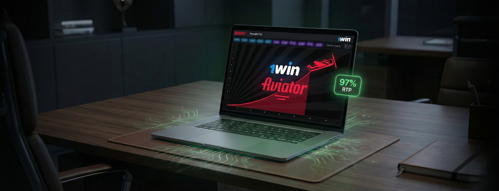 Oficjalna gra Aviator w kasynie 1win na laptopie. Wykres z samolotem i wysoki współczynnik RTP 97% na ciemnym tle