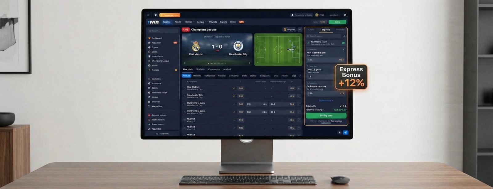 Interfejs zakładów sportowych live na mecz Real Madryt vs Manchester City z bonusem Express 12% na kuponie